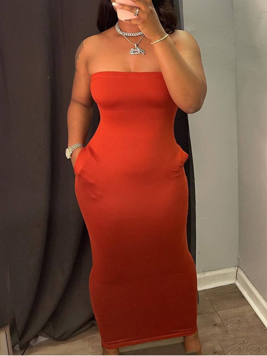 

LW Casual Off The Shoulder Pocket Design Red Ankle Length Dress