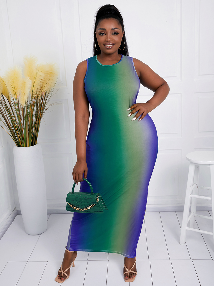 

Lovely Plus Size Casual Gradient Split Blue Ankle Length Dress