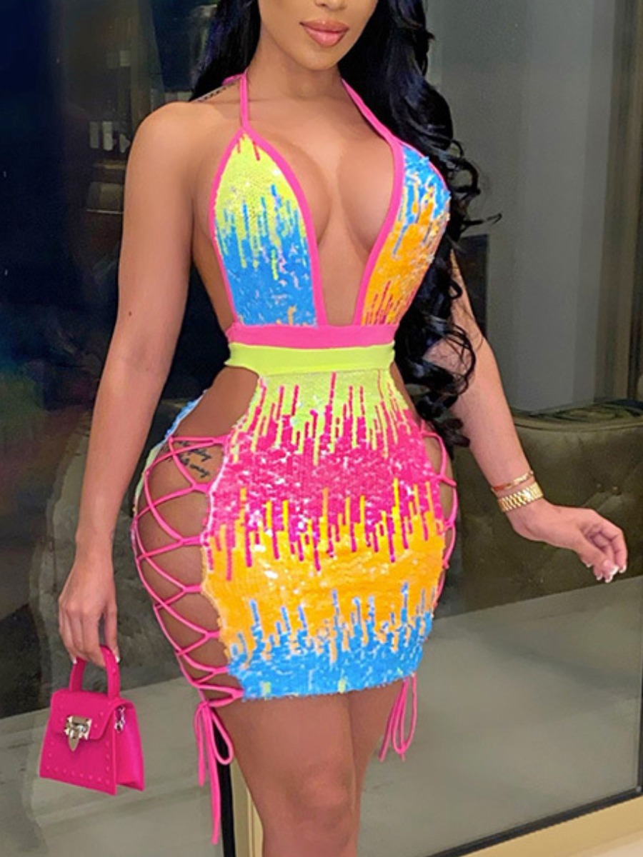 

LW SXY Print Bandage Hollow-out Design Multicolor Mini Dress, Multi