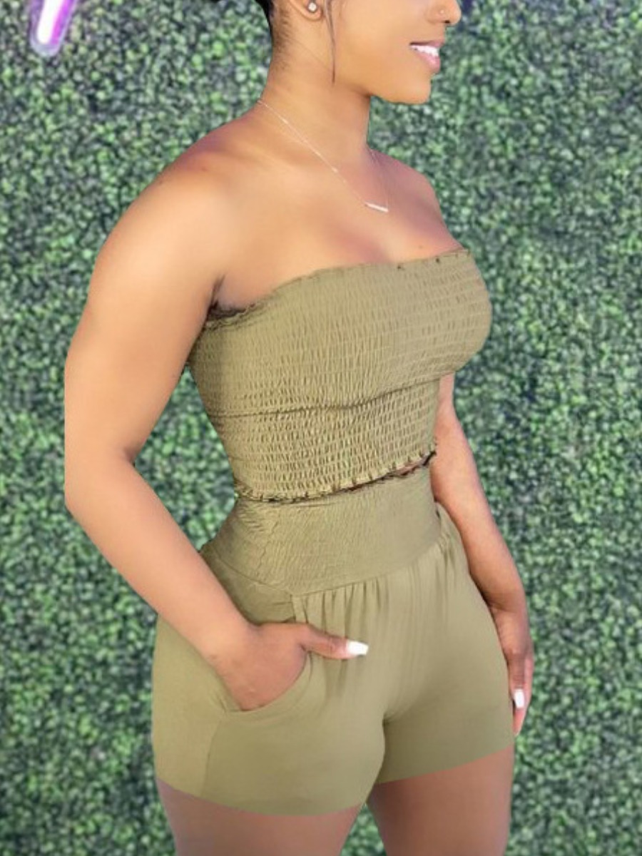 

LW Casual Off The Shoulder Shirred Army Green Two Piece Shorts Set