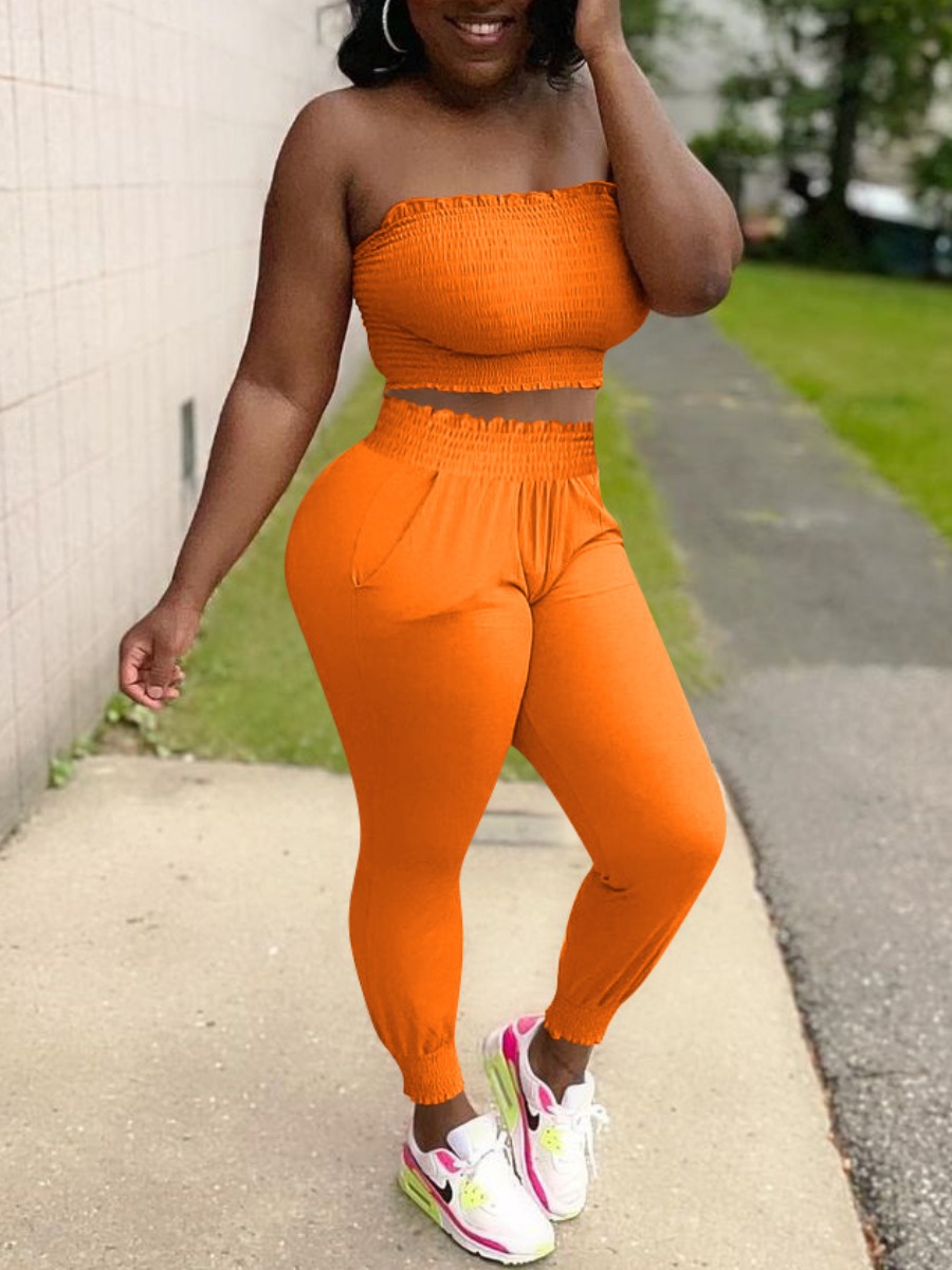 

LW Casual Frill Trim Shirred Croci Two Piece Pants Set