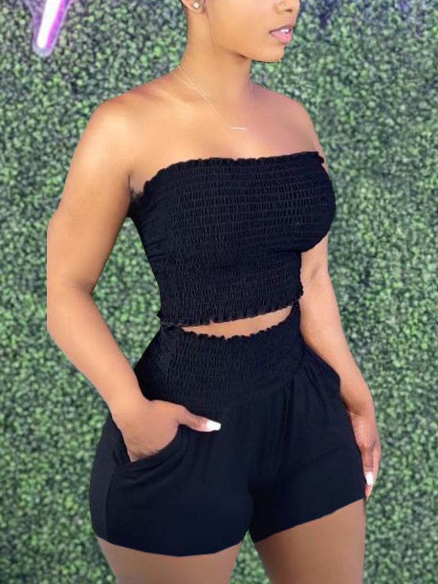 

LW Casual Off The Shoulder Shirred Black Two Piece Shorts Set