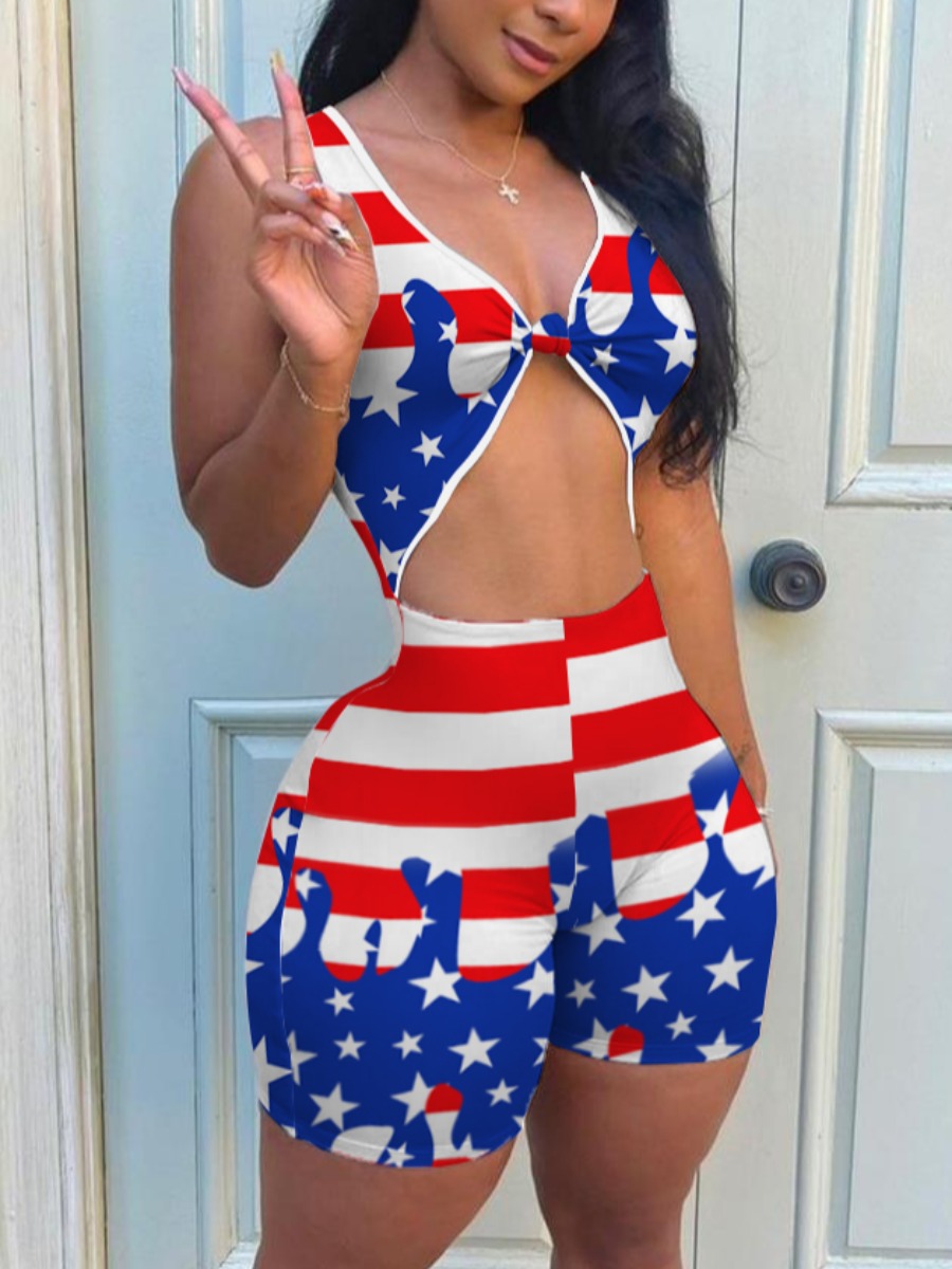 

Lovely Street American Flag Print Front Twist Red One-piece Romper (No-positioning Printing)