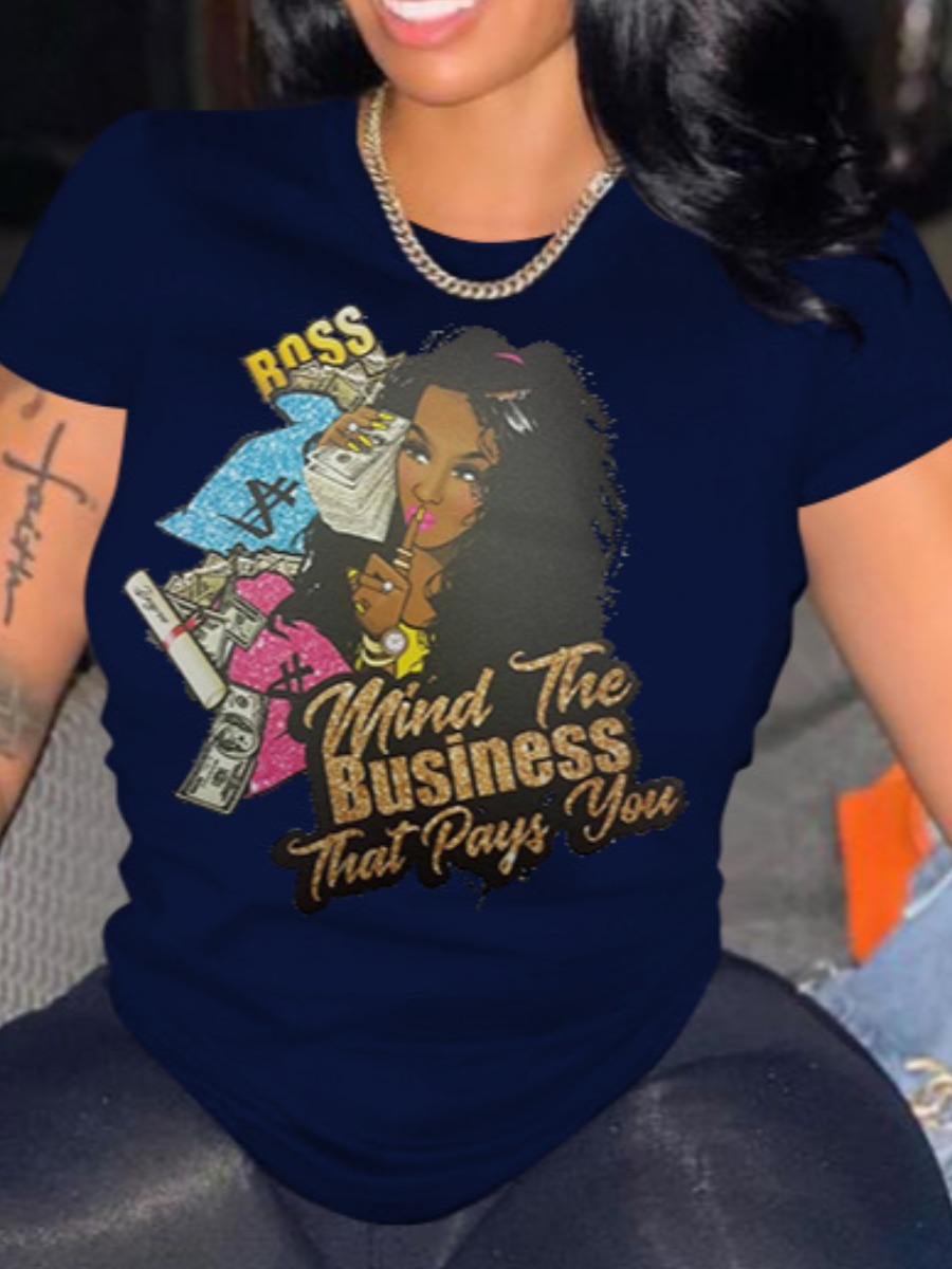 

Lovely Casual Figure Letter Print Navy Blue T-shirt