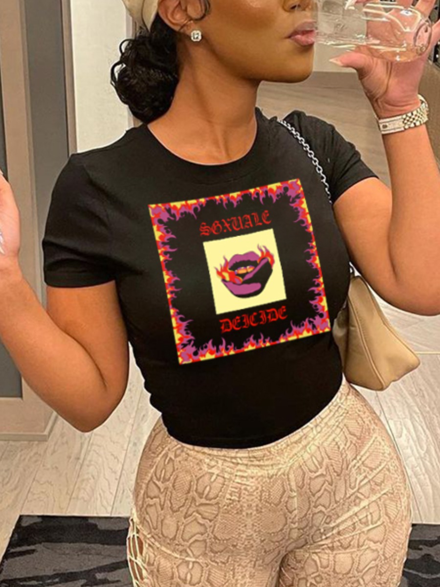 

LW Casual Lip Letter Print Black T-shirt