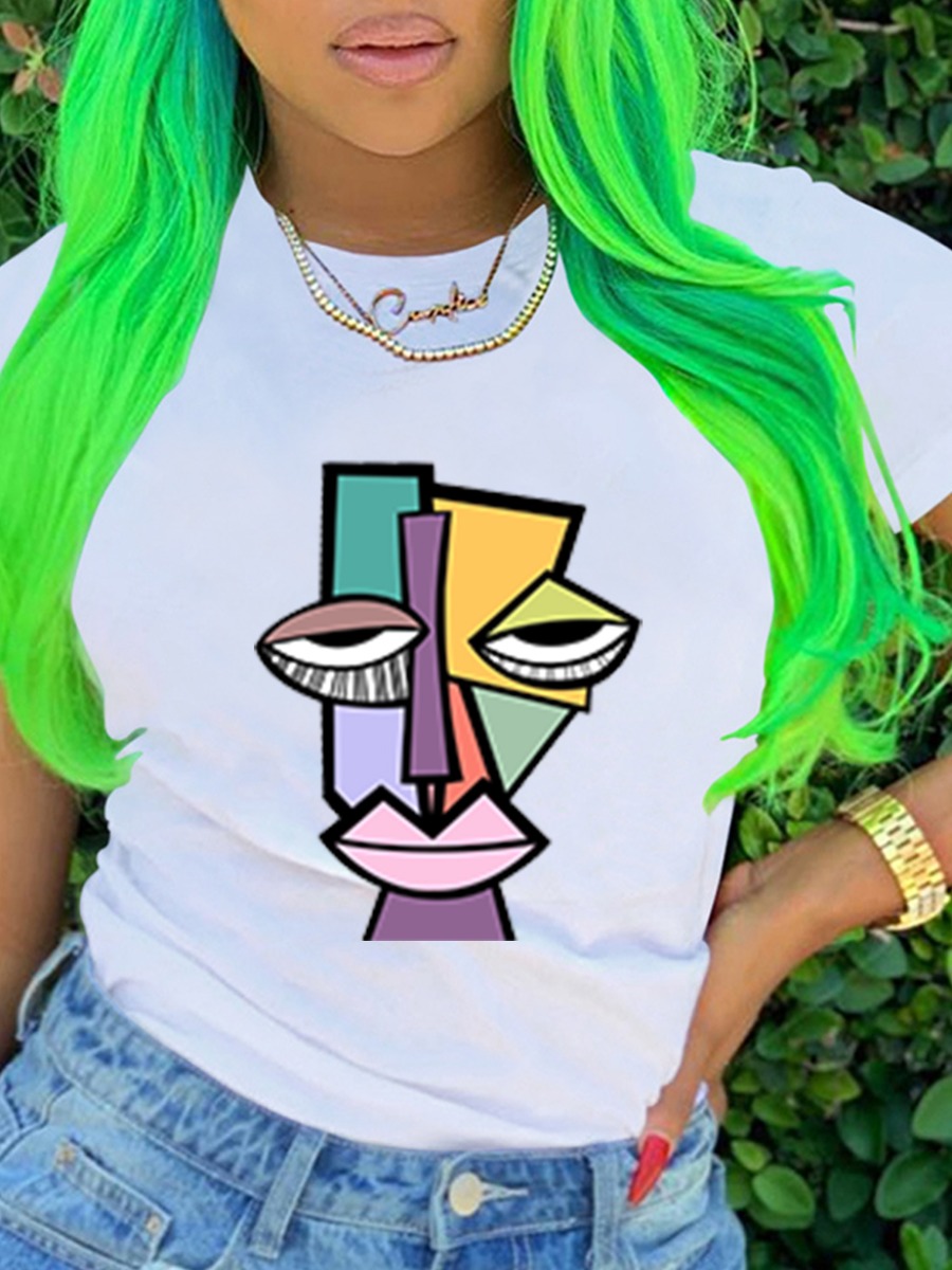 

Lovely Casual Round Neck Cartoon Print White T-shirt