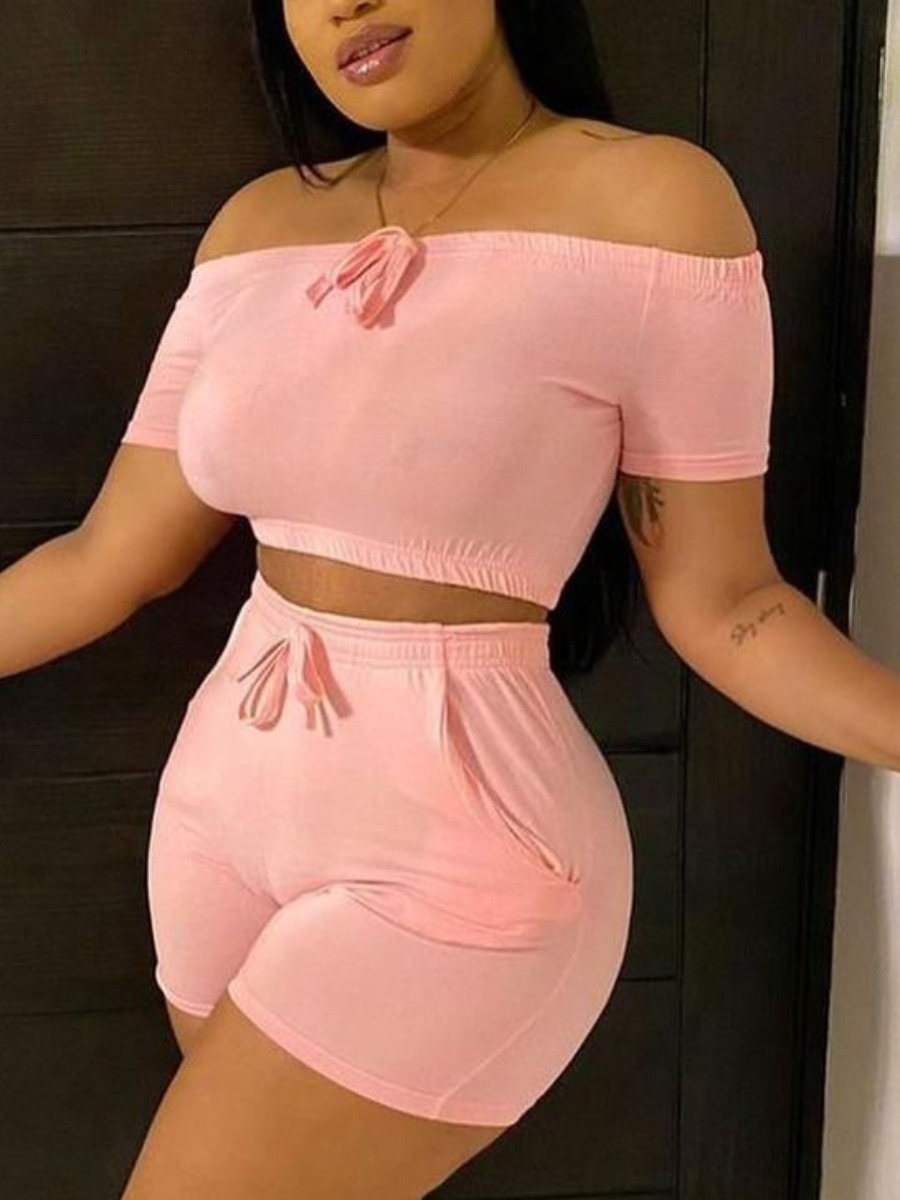

LW Casual Off The Shoulder Drawstring Pink Two Piece Shorts Set