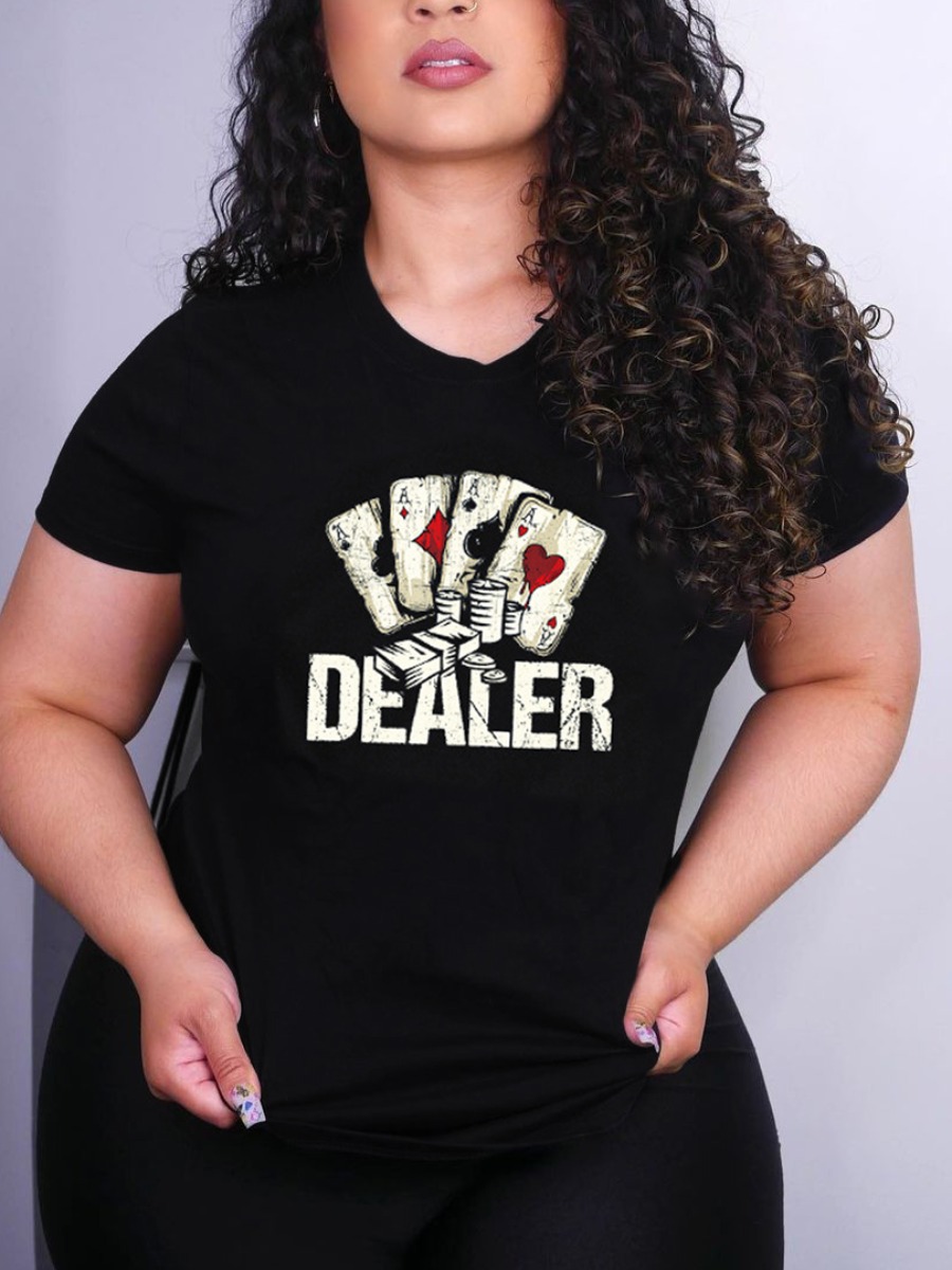 

Lovely Casual Poker Letter Print Black T-shirt