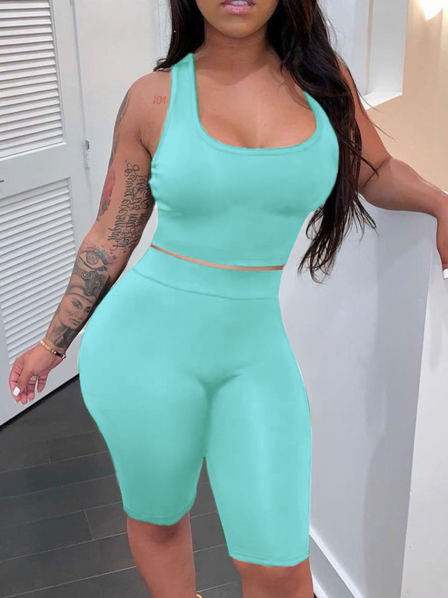 

LW U Neck High-waisted Shorts Set, Acid blue