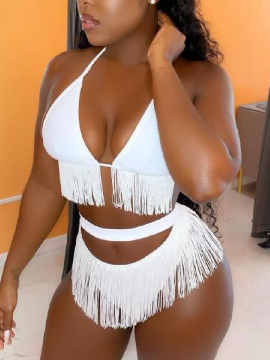 

LW Boho Hollow-out Tassel Design White Two-piece Swimsuit