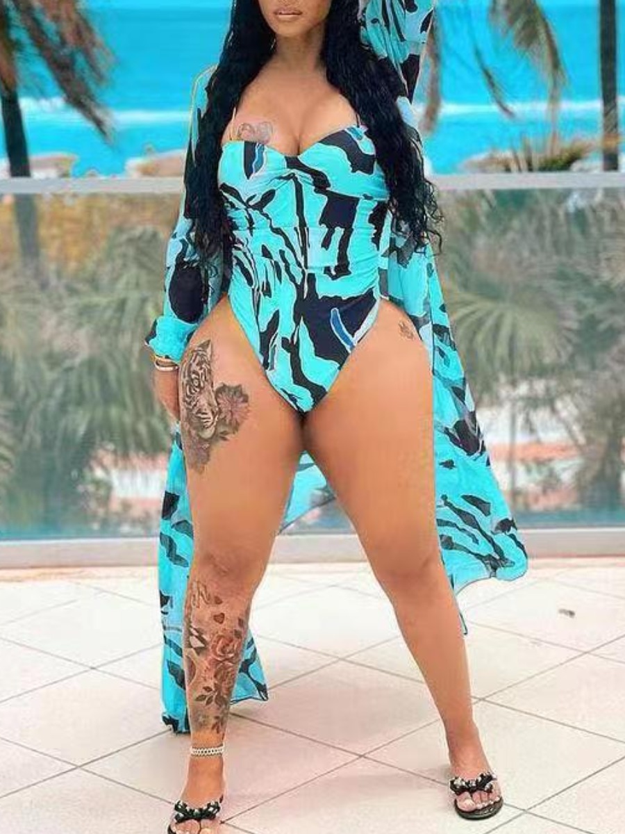 

LW Boho Print Patchwork Blue One-piece Swimsuit (With Cover-up)
