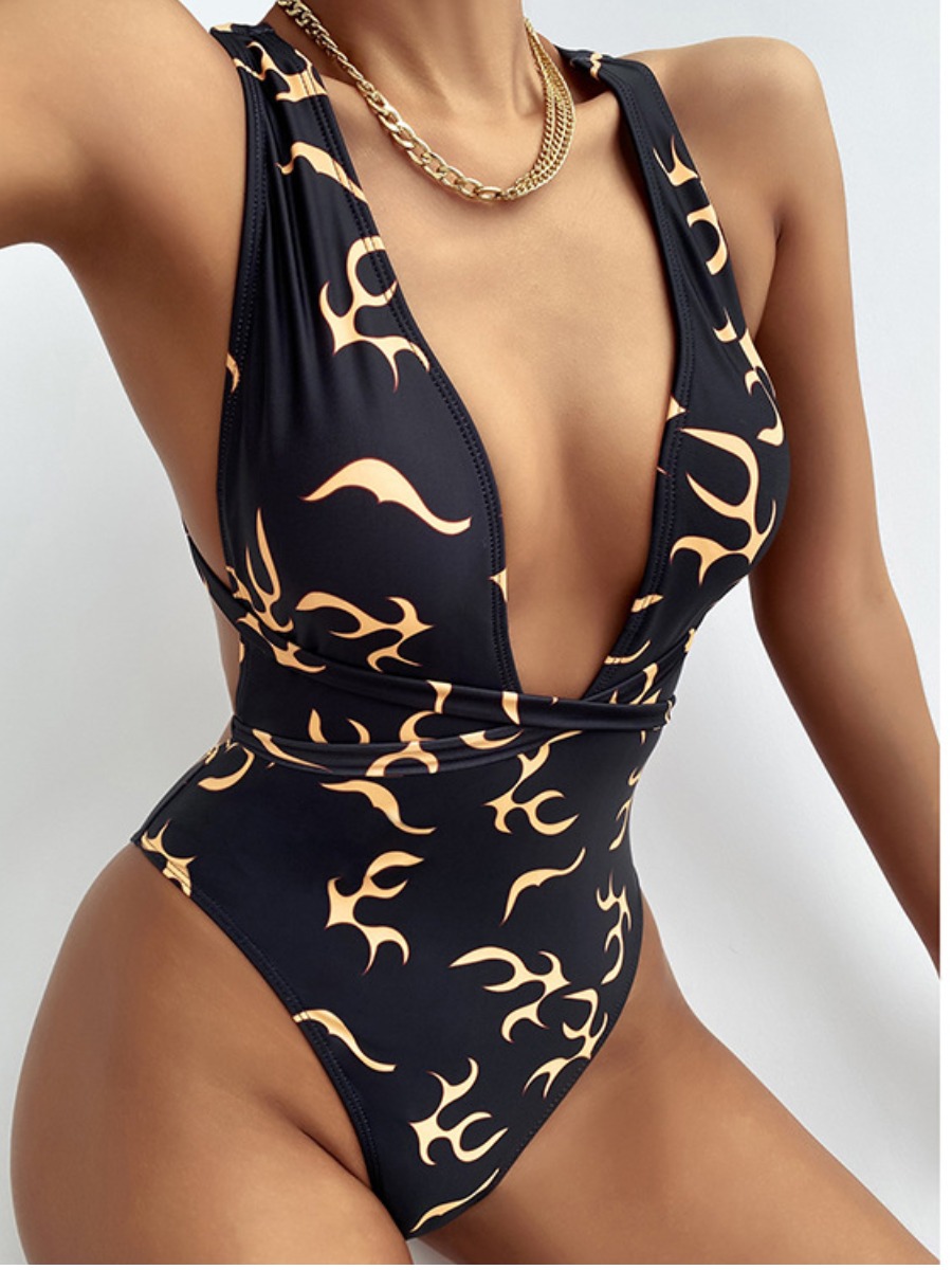 

Lovely Boho Print Backless Bandage Design Black One-piece Swimsuit