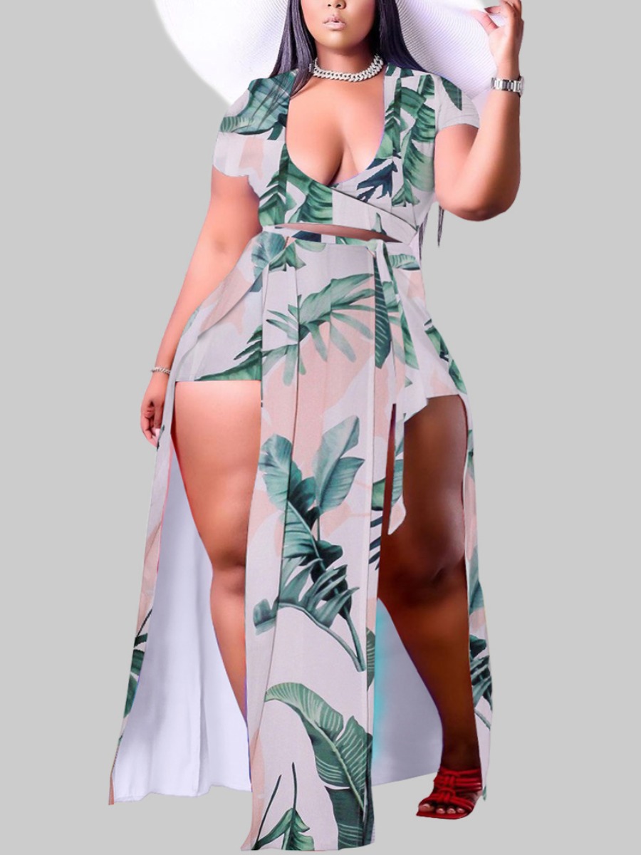 

LW Plus Size Street Floral Print Split Green Two-piece Skirt Set