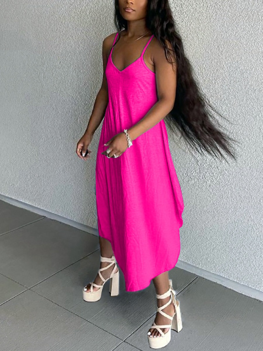 

Lovely Casual Spaghetti Strap Loose Rose Red Ankle Length Asymmetrical Dress