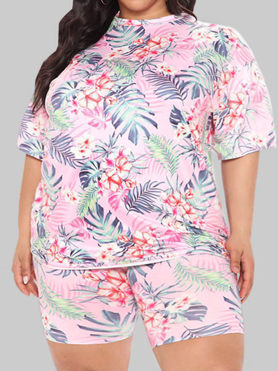 

LW Plus Size Casual Round Neck Floral Print Pink Two-piece Shorts Set