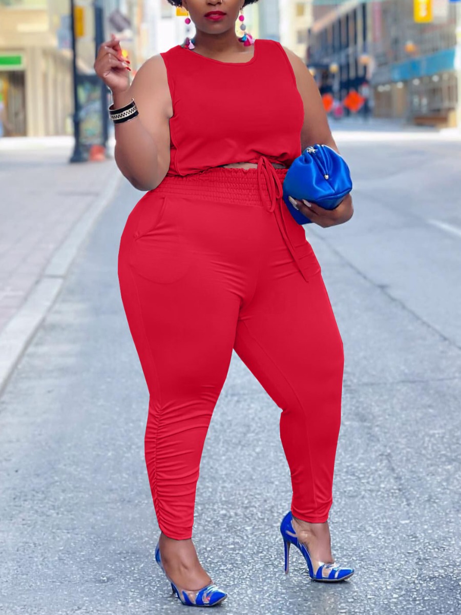 

Lovely Plus Size Casual Round Neck Drawstring Red Two-piece Pants Set