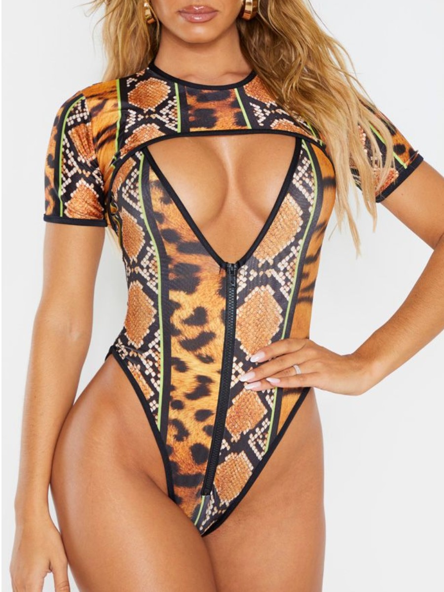 LW Boho Cobra Print Zipper Design One-piece Swimsuit (With Top)