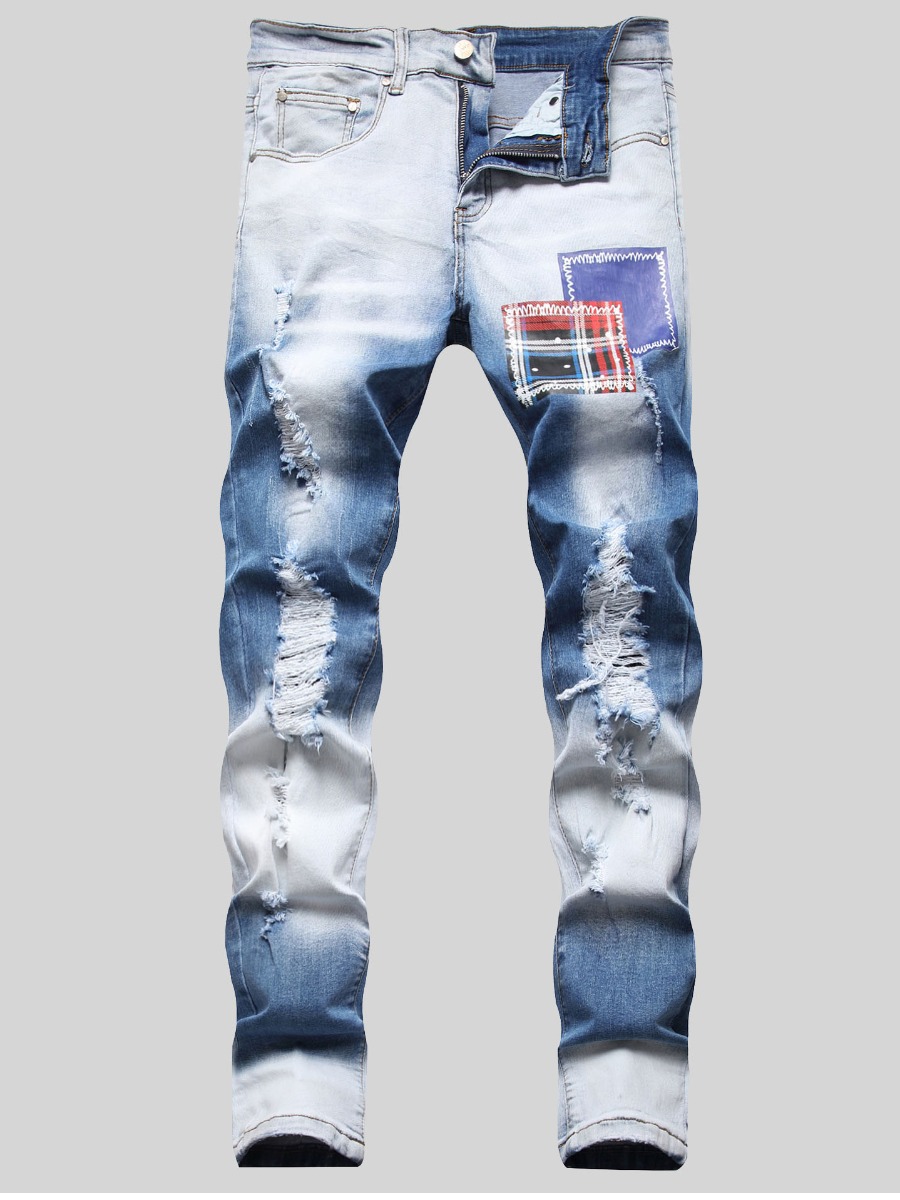 

LW Men Street Gradient Floral Decoration Blue Jeans