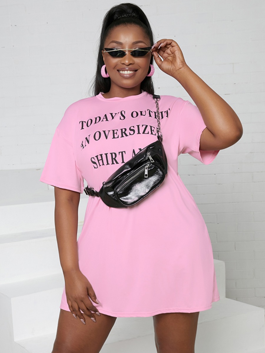 

LW Plus Size Casual Round Neck Letter Print Pink Mini Dress