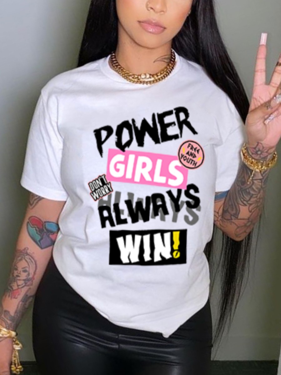 

LW Round Neck Letter Print T-shirt, White