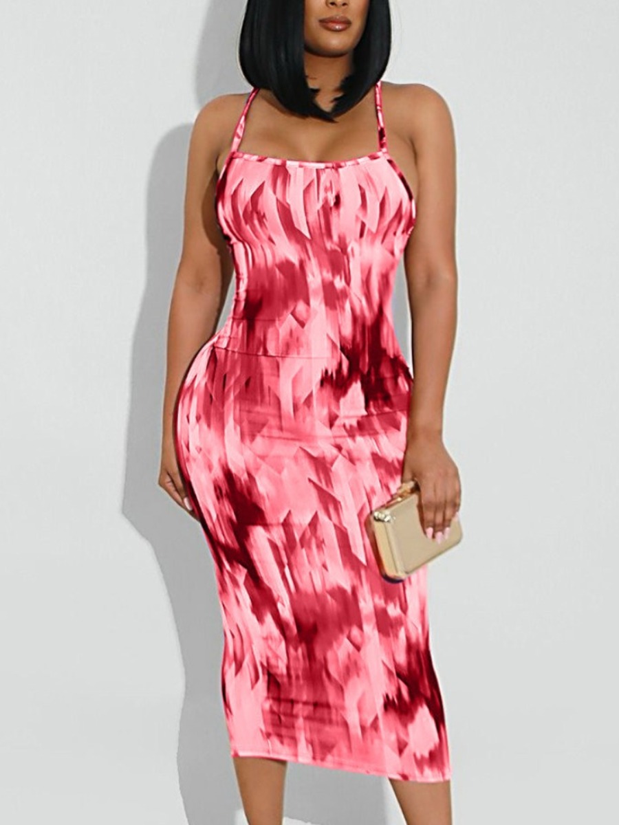 

Lovely Sweet Tie-dye Backless Cross Strap Red Mid Calf Dress