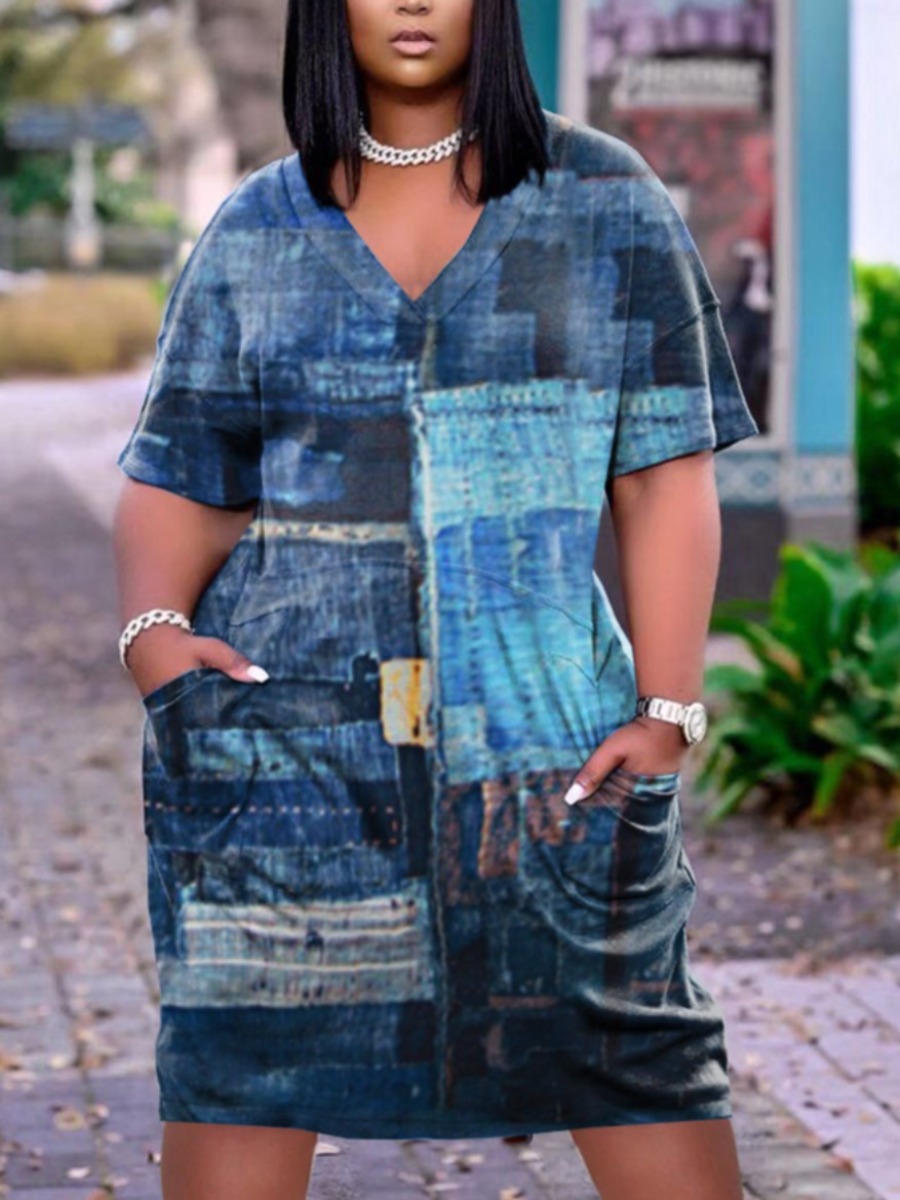 

Lovely Plus Size Street Print Pocket Design Blue Knee Length Dress