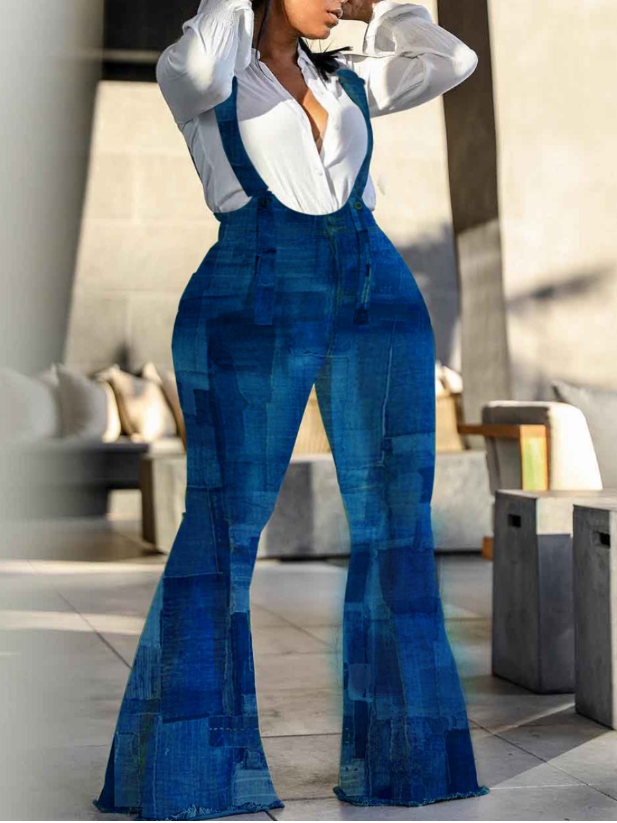 

Lovely Plus Size Street Print Flared Overall Blue One-piece Jumpsuit