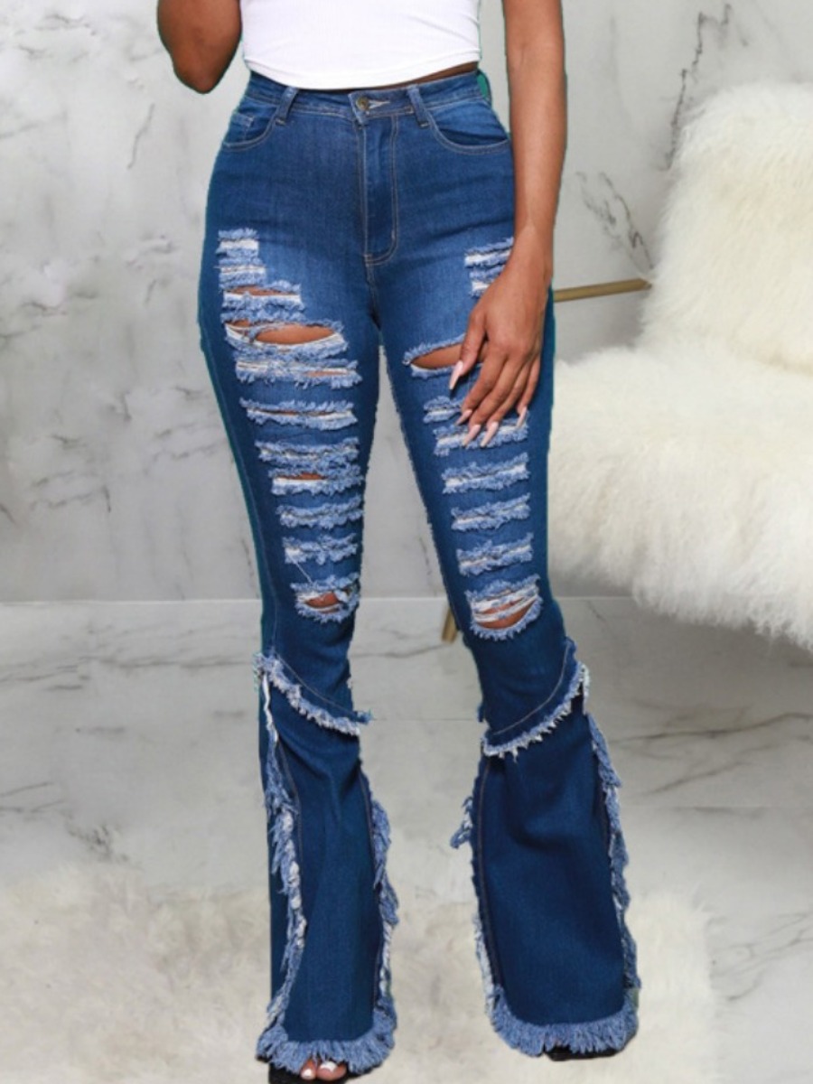 

Lovely Street High-waisted Ripped Flared Blue Jeans