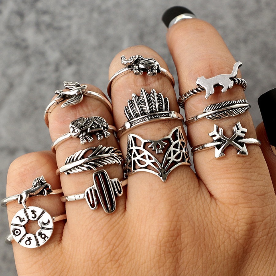 

Lovely 12-piece Casual Animal Decoration Silver Ring