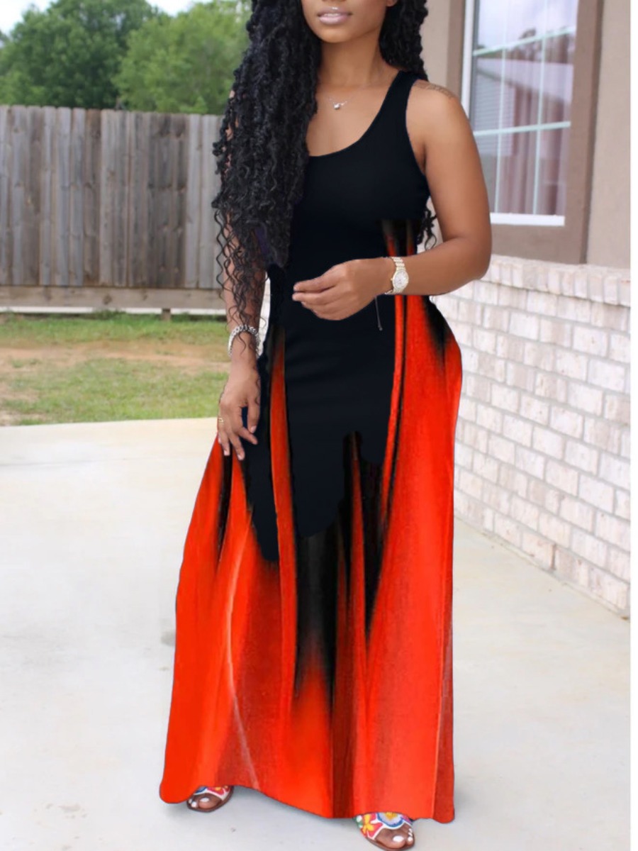 

Lovely Casual U Neck Gradient Red Floor Length Dress