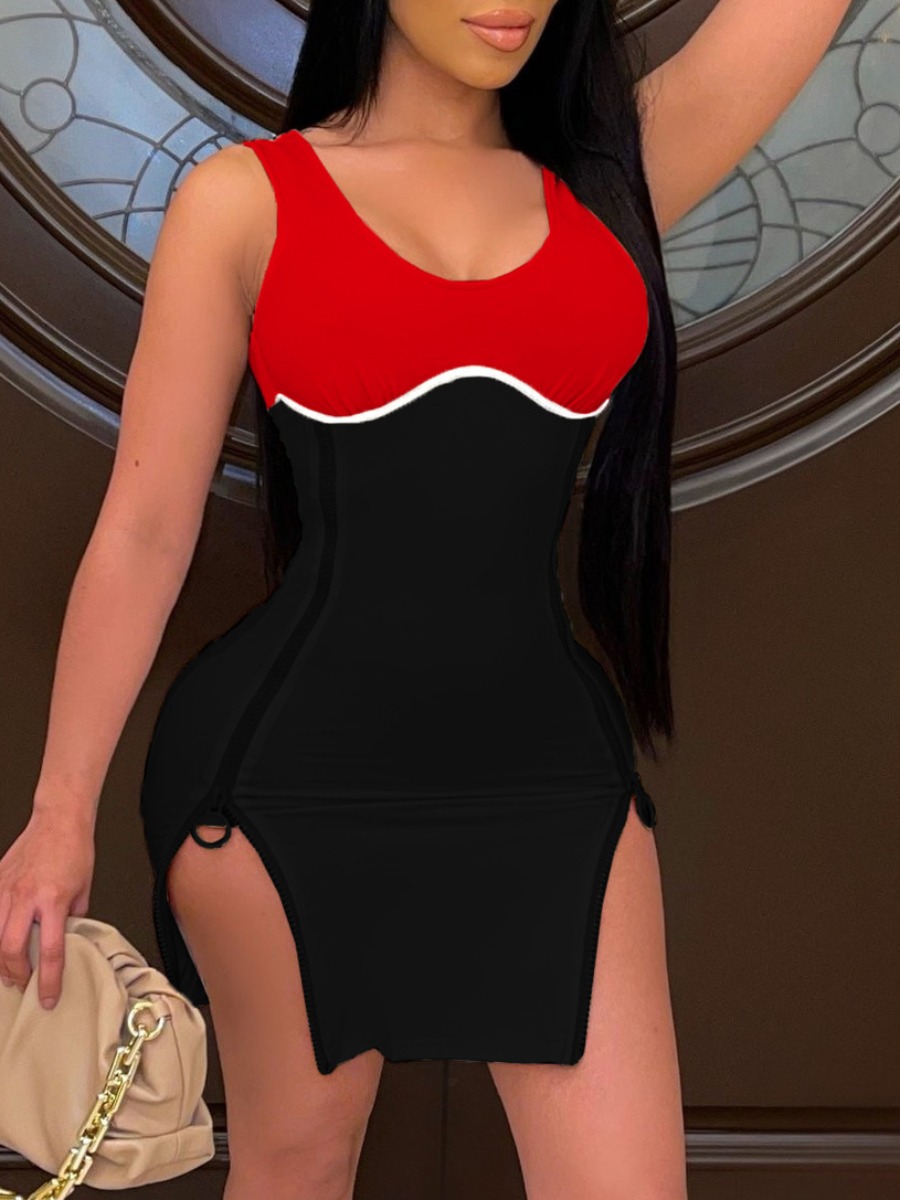 

Lovely Casual U Neck Slit Patchwork Black Mini Dress