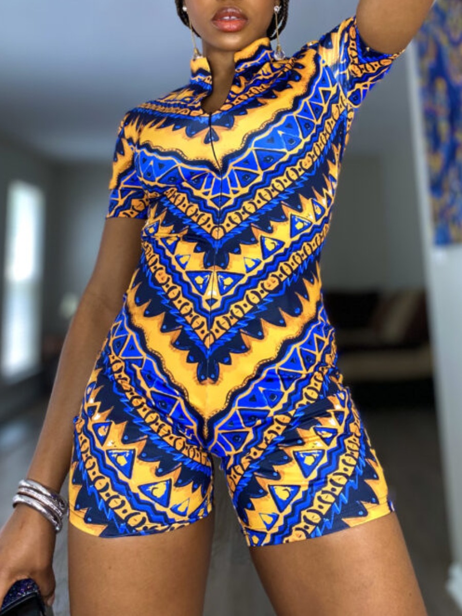 

LW Street Mandarin Collar Geometric Print Blue One-piece Romper