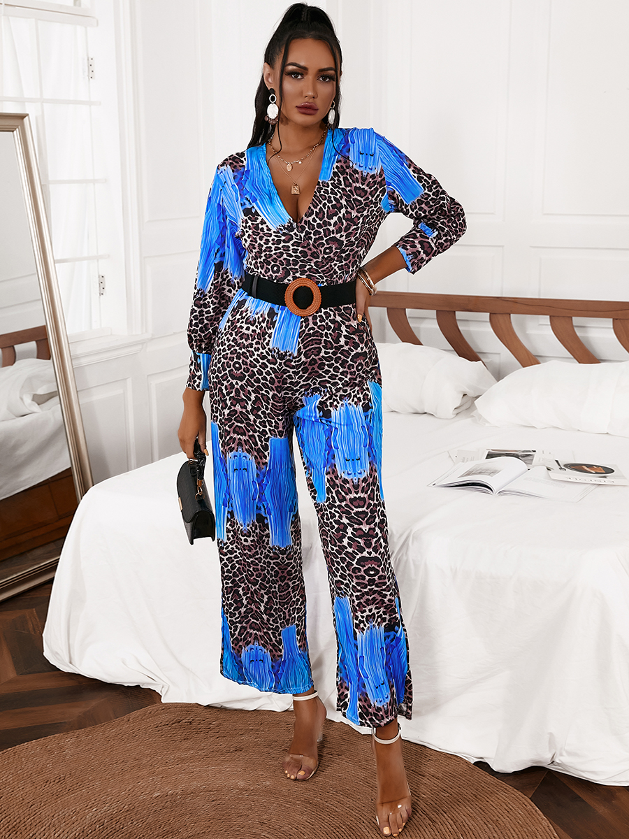 

Lovely Sweet V Neck Leopard Print Blue One-piece Jumpsuit (Without Belt)