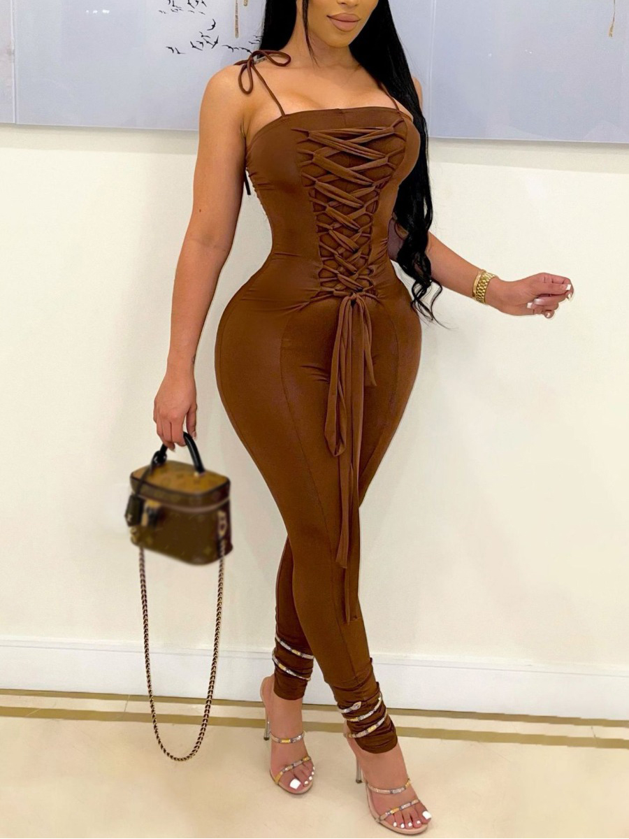 

LW Street Bandage Design Skinny Brown One-piece Jumpsuit