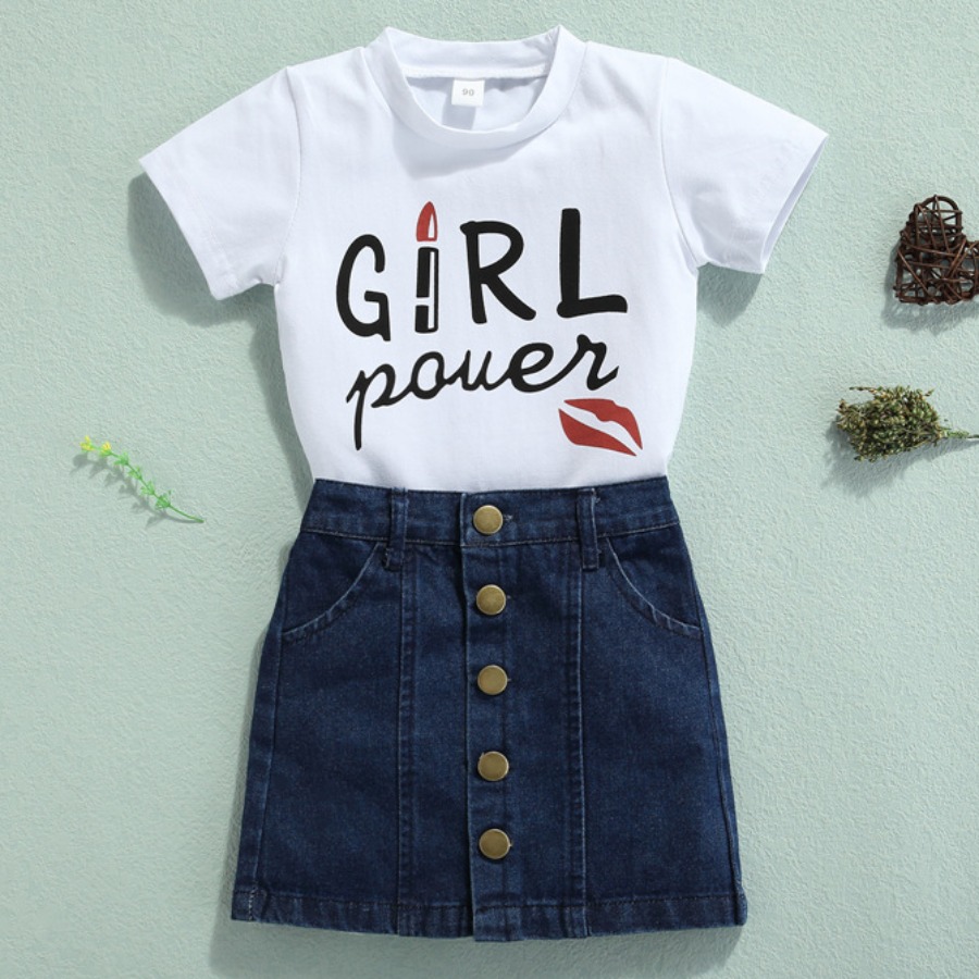 

LW Girl Street Letter Print Button Design White Two Piece Skirt Set