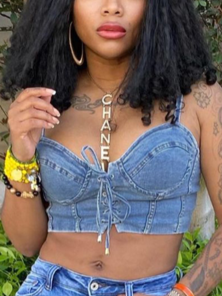 

Lovely Casual Bandage Design Crop Top Blue Denim Top