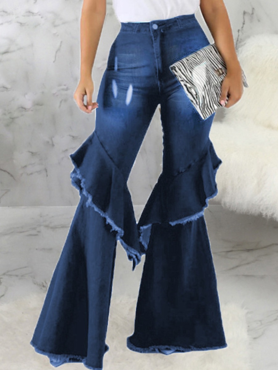 

Lovely Street Flounce Design Flared Deep Blue Jeans