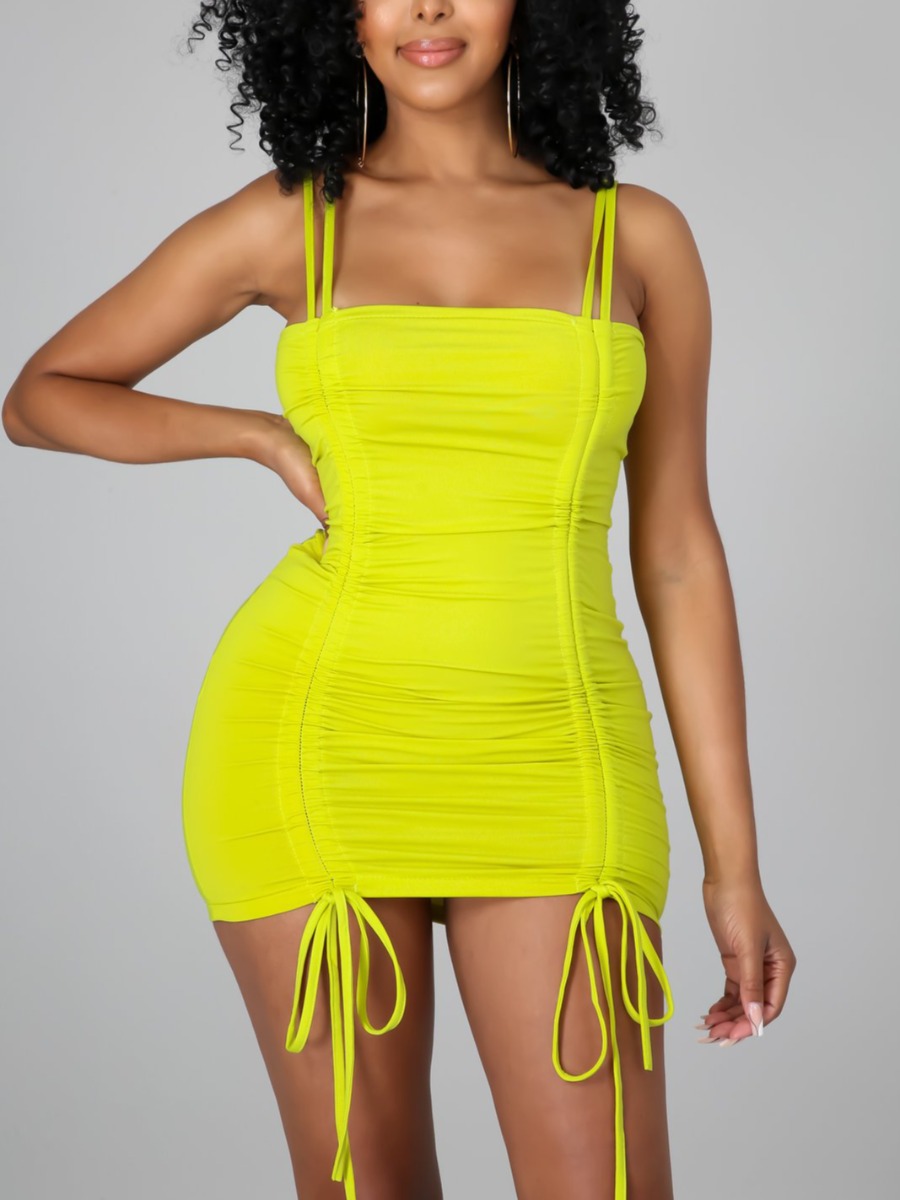 

Lovely Sexy Ruched Drawstring Yellow Mini Dress