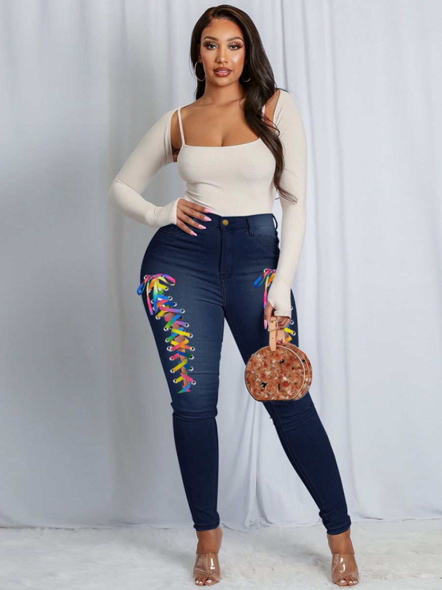Lovely Plus Size Street High-waisted Bandage Design Deep Blue Jeans