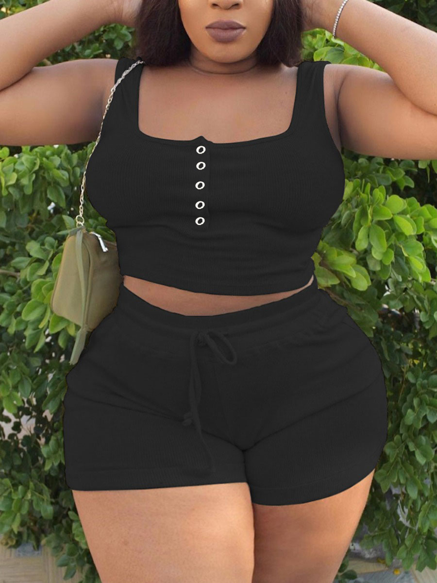 

Lovely Plus Size Casual Square Neck Drawstring Black Two-piece Shorts Set
