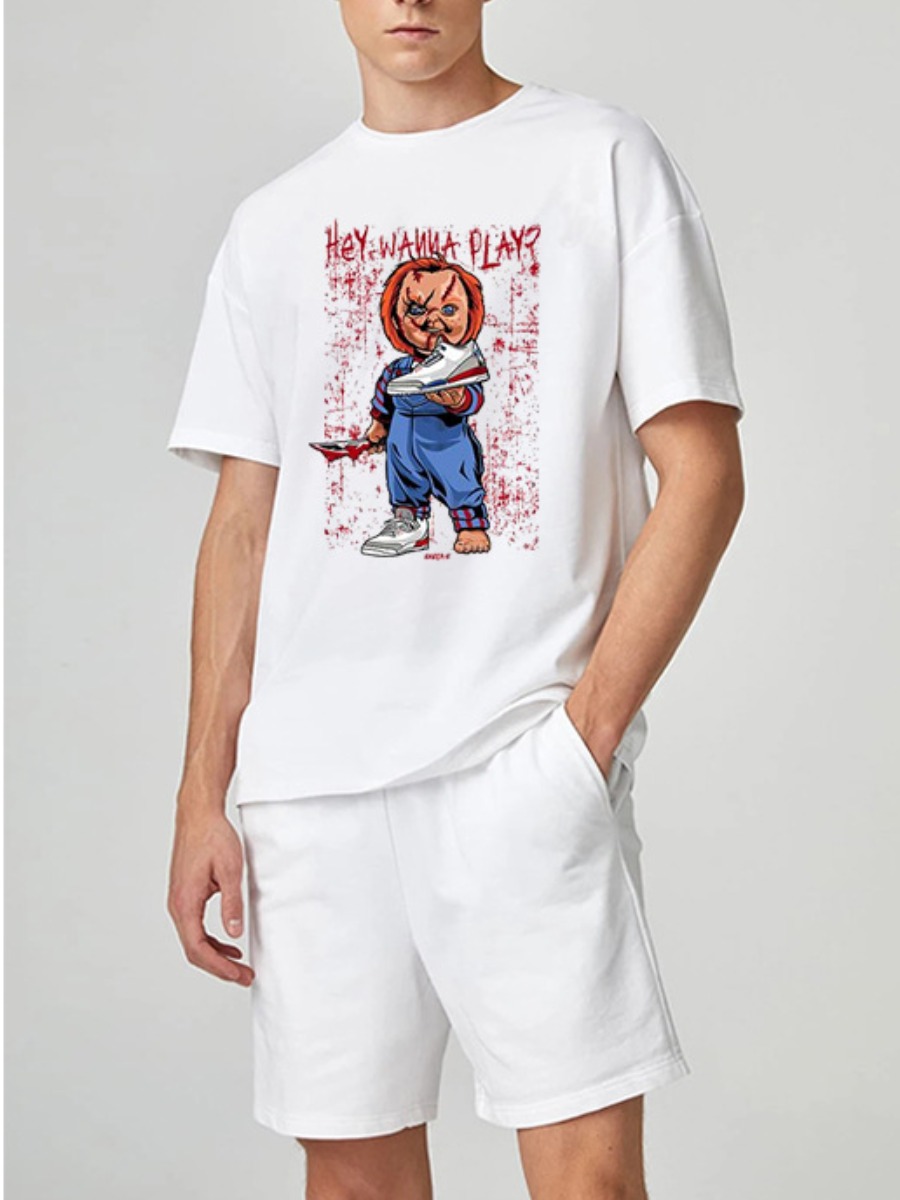 

LW Men Casual Round Neck Cartoon Print White T-shirt