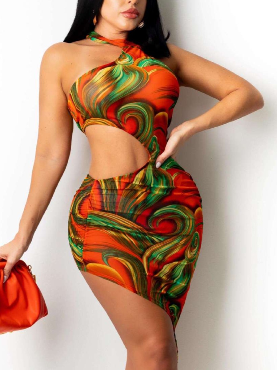 

Lovely Sexy Print One Shoulder Hollow-out Croci Mini Dress
