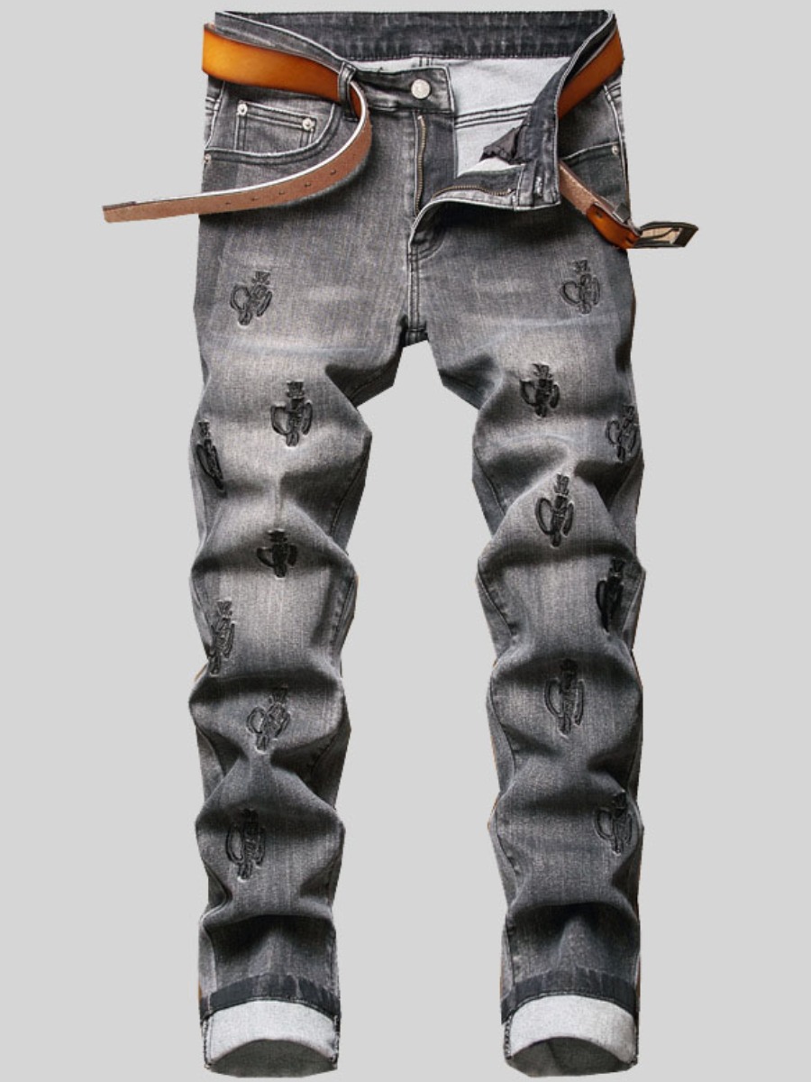 

Lovely Casual Mid Waist Embroidered Elastic Grey Jeans