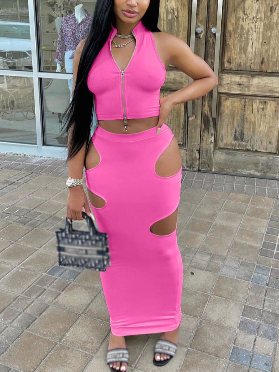LovelyWholesale Street Hollow-out Zipper Design rose Red Two Piece Skirt Set Summer Sleeveless Street Cut Out V Neck Spring Summer 2024