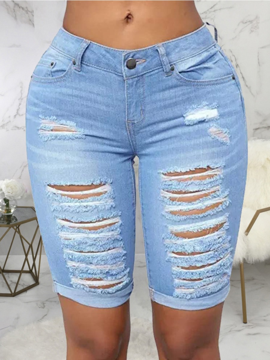 

Lovely Street High-waisted Ripped Baby Blue Denim Shorts