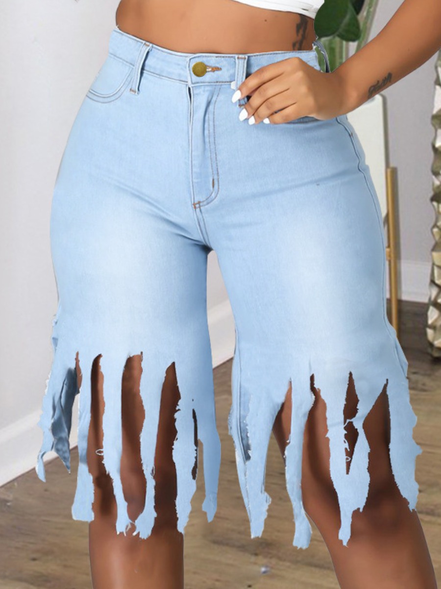 

LW Casual High-waisted Tassel Design Baby Blue Denim Shorts
