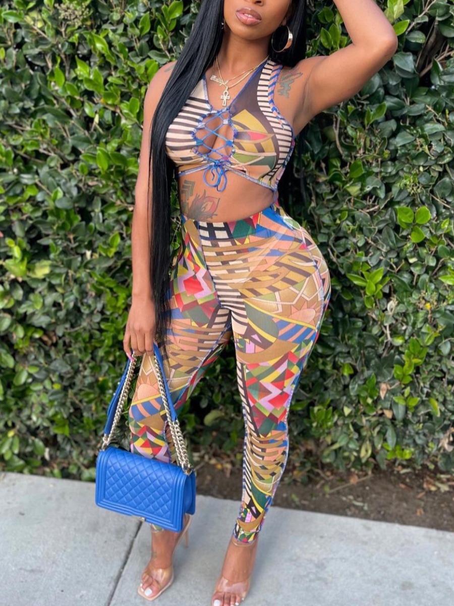

LW Street Mixed Print Bandage Design Orange Two Piece Pants Set