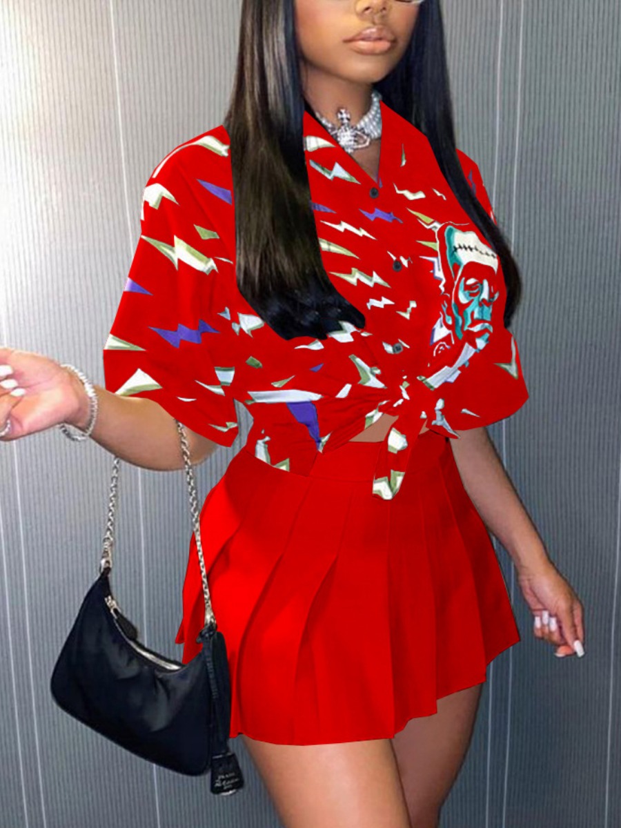 

LW Casual Print Flounce Design Red Two Piece Skirt Set