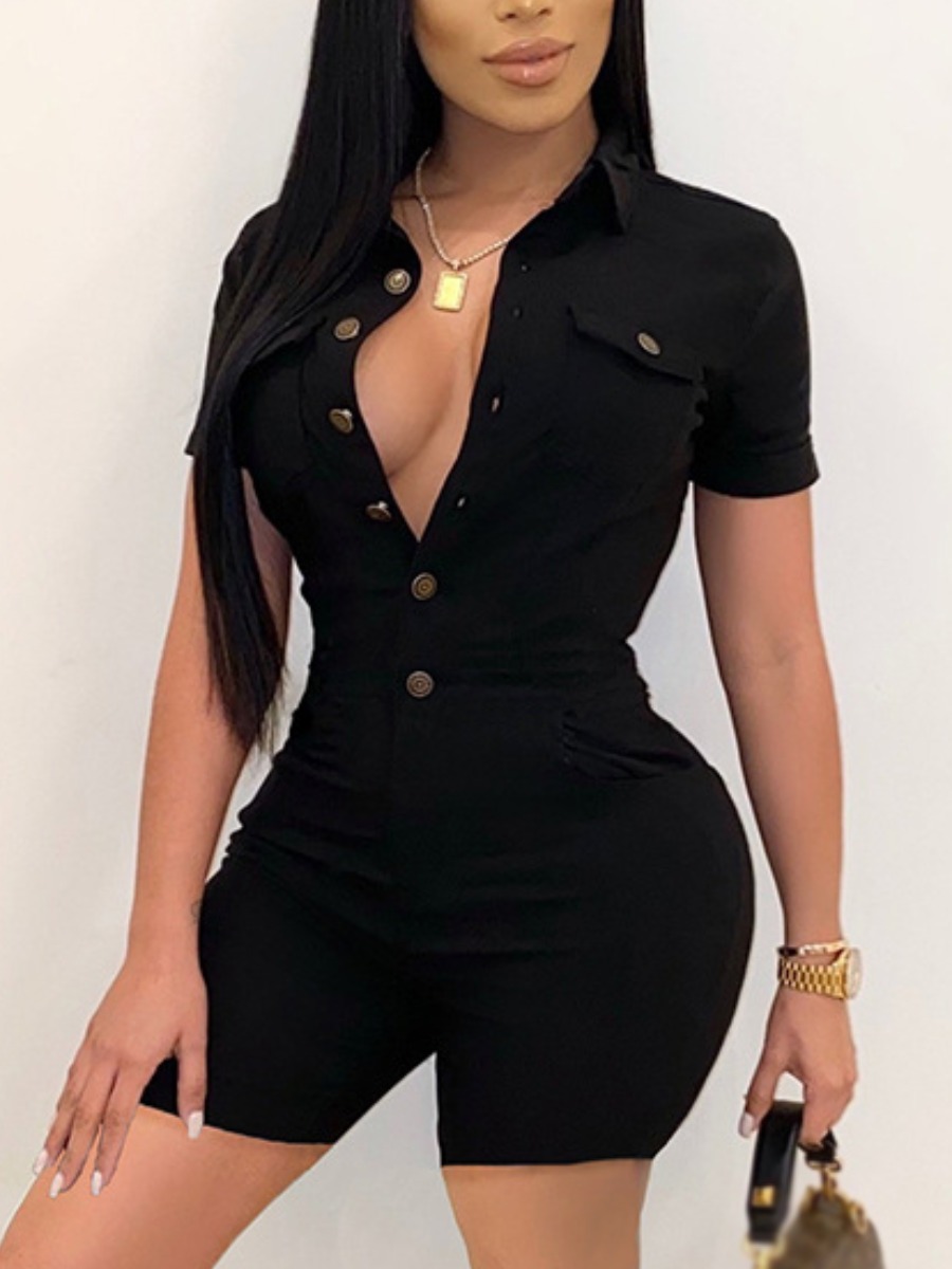 

Lovely Street Pocket Button Design Black One-piece Romper