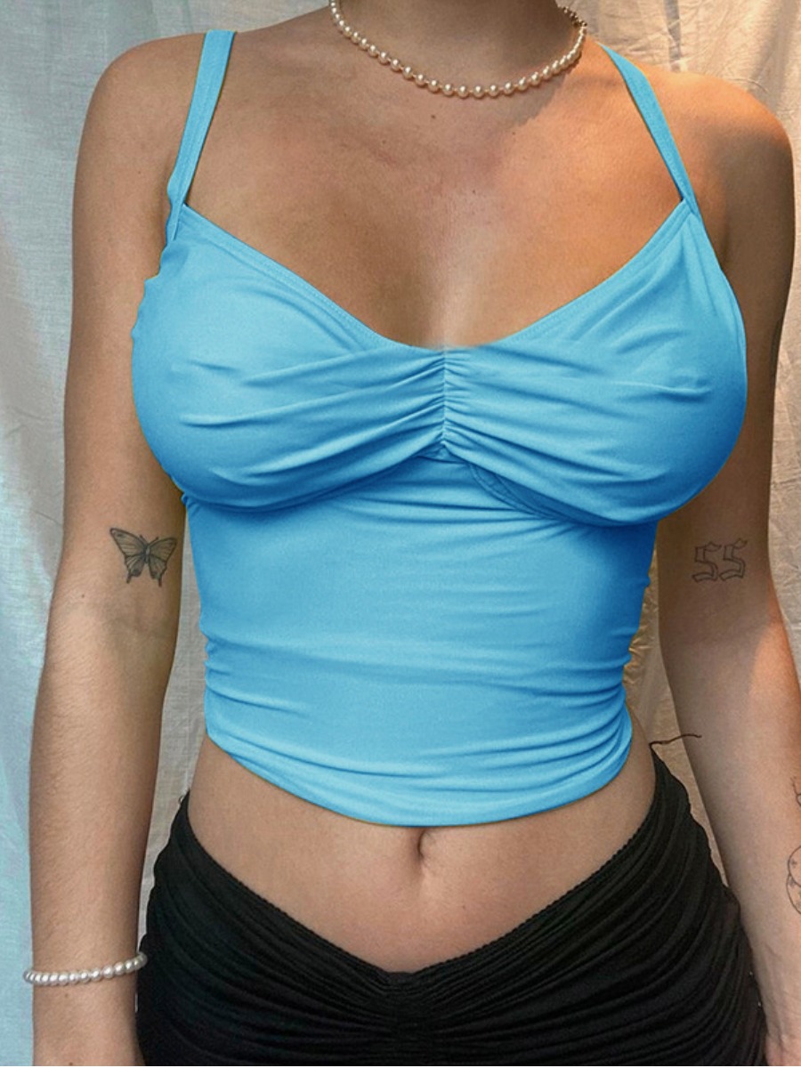 

Lovely Casual Ruched Basic Skinny Blue Camisole